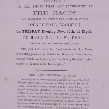 Notice of meeting at the County Hall, where Arthur Peel MP would speak on the betting storm surrounding the races. | Warwickshire County Record Office reference CR 1227