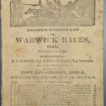 Front of race card for Warwick Races, 1825. | Warwickshire County Record Office reference CR 3400