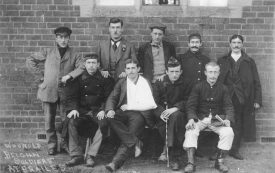Group of wounded Belgian soldiers outside Red Cross Hospital in the Institute, Lower Brailes. 1914 | Warwickshire County Record Office reference PH 352/37/45
