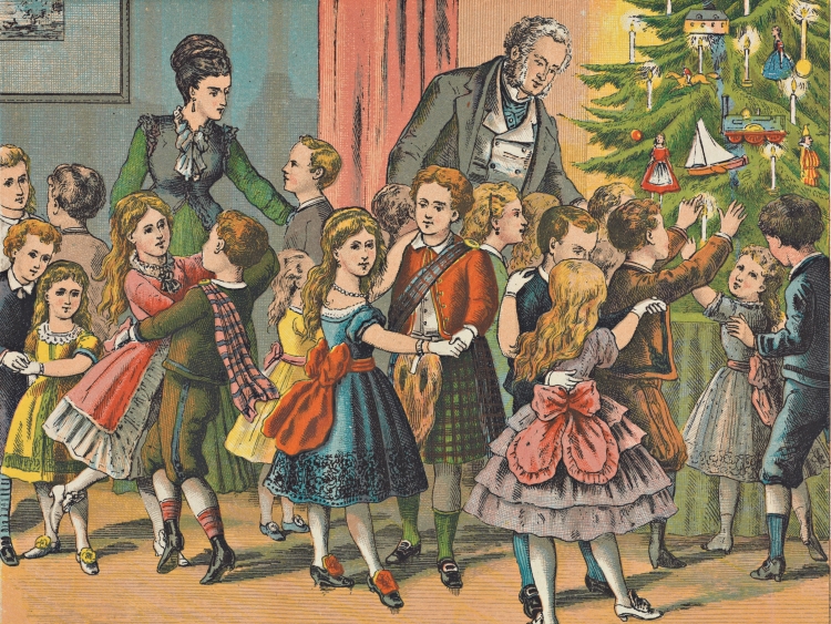 Children dancing beside a large tree with presents and candles on | 1877 Picture by H. J. Overbeek. Uploaded to Wikipedia Commons by the Koninklijke Bibliotheek, and released into the public domain.