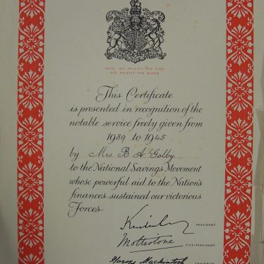 Certificate presented in recognition of Beatice's services to the National Savings Movement. | Warwickshire County Record Office reference CR4479/16