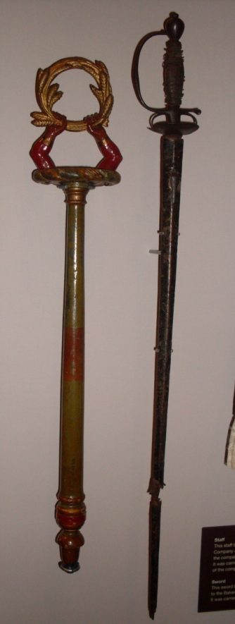This staff belonged to the Bakers' Company of Coventry and has the Company's crest on it. It was carried by members of the Company in processions. The sword belonged to the Bakers' Company and was also carried in processions. | Photograph by kind permission of The Herbert Art Gallery & Museum.