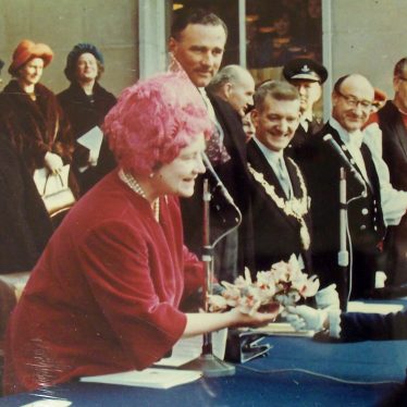 The Queen Mother received a bouquet of orchids from 7-year-old Joanna Smith-Ryland. | Warwickshire County Record Office reference PH143/1154