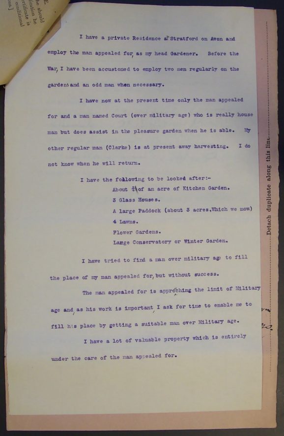 Miss Corelli's letter to the Appeal Tribunal | Warwickshire County Record Office reference CR1520/Box 59/Meeting 20