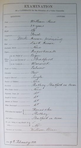 Details of William Hines application for the position of PC, with a striking description of his eyes! | Warwickshire County Record Office reference CR2770/69