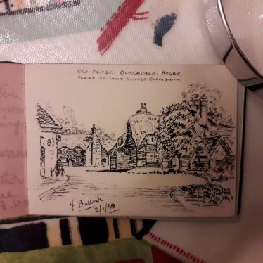 The old forge Dunchurch Rugby Black and white hand drawn picture of the Old Forge | George Butler's private collection: his mother's autograph book , drawn by H Bullock 2/1/1949
