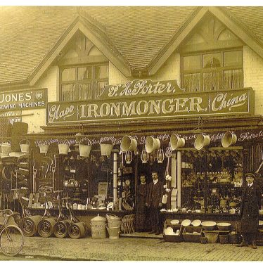 Porter's Shop, High Street, Solihull, Feb 1912 showing Mr and Mrs Percy H. Porter (Grandma and Grandfather) in doorway | Image courtesy of Sheila Price and Nuneaton Memories