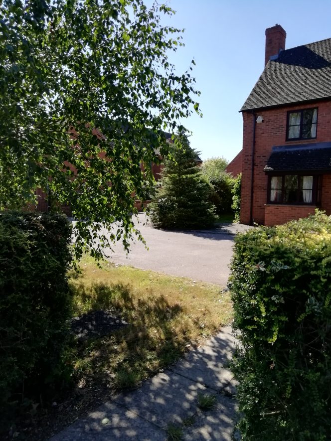 Part of a redbrick two storey house seen in right hand corner of photo, with driveway and trees in foreground | Image courtesy of Gary Stocker August 2020