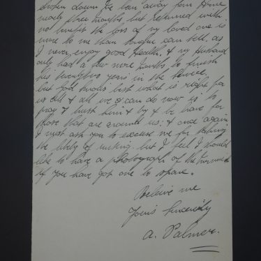 The letter from Mrs Palmer to Reverend Downing. | Warwickshire County Record Office reference DRB56/52/1-2.