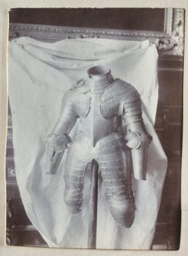 Photograph of the Noble Imp Armour in a scrapbook at Warwick Castle, c. 1880 | Image courtesy of Warwick Castle.
