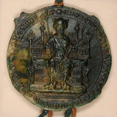 king Edward I 'in Majesty' with sceptre and orb. Edward II's Great Seal was identical to his father's. | Warwickshire County Record Office reference CR341/2