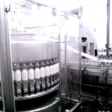 Bottles being filled with milk mechanically, at the Co-operative Society Dairy, Merevale Avenue, Nuneaton, 1990s. | Image courtesy of Nuneaton Memories