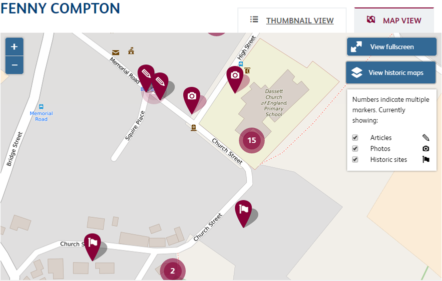 Screenshot of section of map of Fenny Compton, showing markers for photos, articles and historic sites
