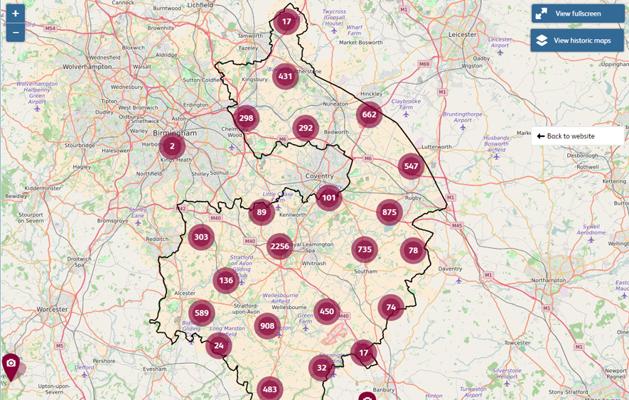 Screenshot of county-wide map showing all of Warwickshire. The circles with numbers indicate the location of multiple markers on the map.