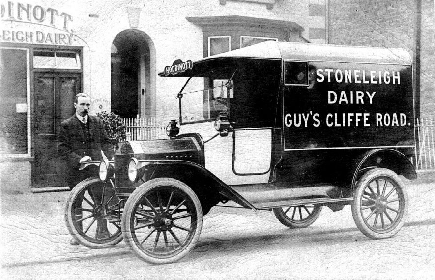 Stoneleigh Dairy delivery van and man outside dairy in Guy's Cliffe Road.  1900s |  IMAGE LOCATION: (Warwickshire County Record Office)