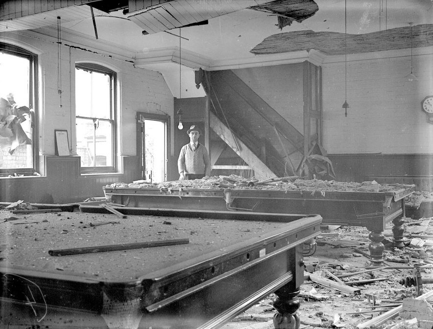 Bomb damaged snooker hall interior, Leamington Spa.  1940 |  IMAGE LOCATION: (Warwickshire County Record Office)