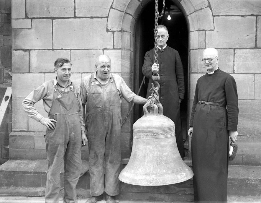 Leamington Spa, All Saints Church.  Christchurch Bell with workmen and clergy.  1957 |  IMAGE LOCATION: (Warwickshire County Record Office)