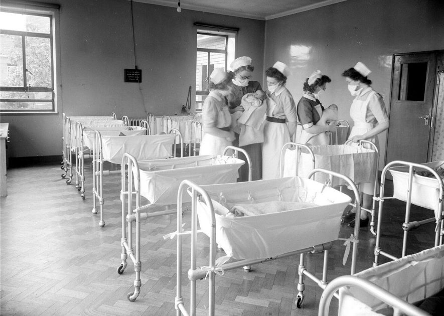 Interior of the nursery of the Maternity Unit at Warneford Hospital, Leamington Spa.  1949 |  IMAGE LOCATION: (Warwickshire County Record Office)