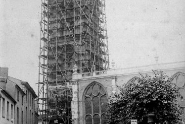 Warwick.  St Mary's Church tower under scaffolding.