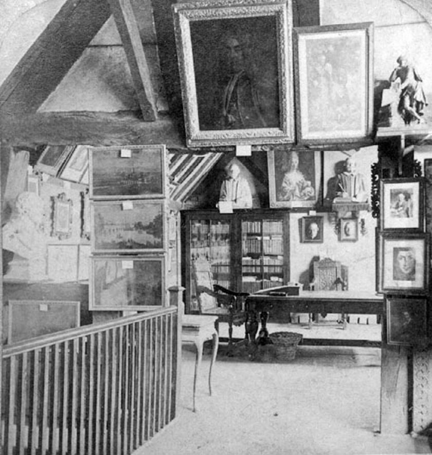 Interior of library in Shakespeare's Birthplace, showing books, pictures, bust of bard and roof timbers, Stratford upon Avon.  1890s |  IMAGE LOCATION: (Warwickshire County Record Office)