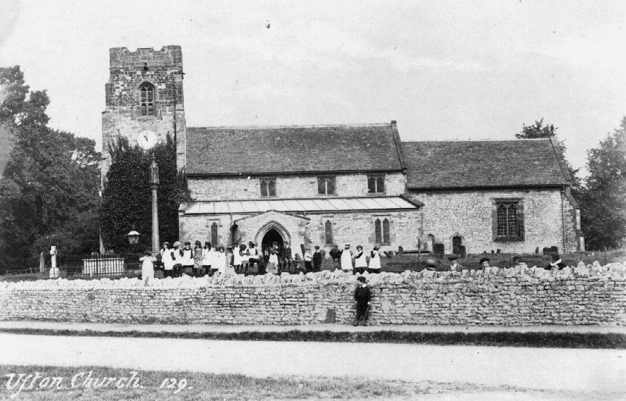 St Michael's Church, Ufton, seen from the south; children in the churchyard.  Photo: no. 129.  1900s |  IMAGE LOCATION: (Warwickshire County Record Office)