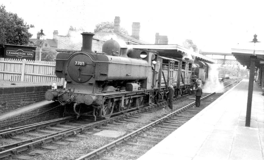 Leamington Station, Avenue Road, showing a Pannier 0-6-0 loco adding cattle trucks to Rugby.  1959 |  IMAGE LOCATION: (Warwickshire County Record Office)
