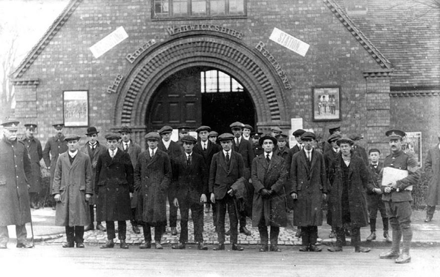 First batch of recruits from Rugby under Lord Derby's' scheme outside The Royal Warwickshire Regiment's recruiting station.  January 1916 |  IMAGE LOCATION: (Warwickshire County Record Office)