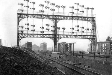 Rugby.  Signal gantry at the old railway station