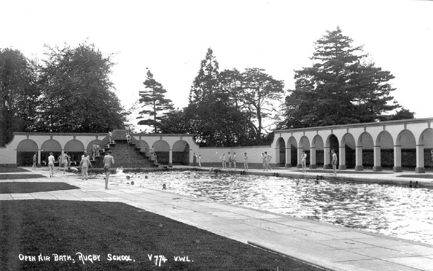 Open Air Bath, Rugby School, Dunchurch Road.  Boys swimming. Photo  ref: V774.  1920s   [This picture is taken off Horton Cresent, not Dunchurch Road.] |  IMAGE LOCATION: (Warwickshire County Record Office)