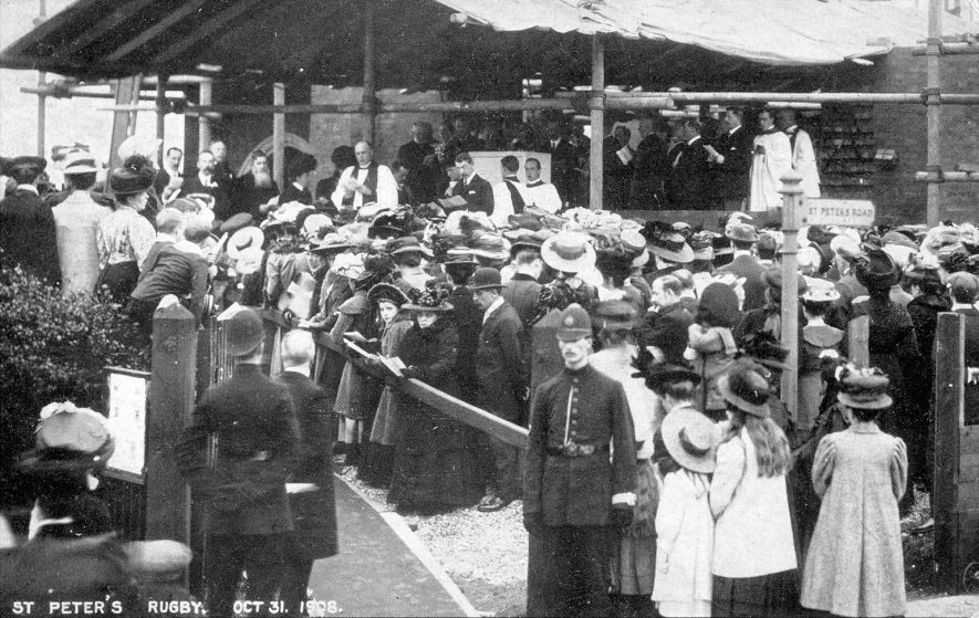St Peter's Rugby.  Event concerning the laying of the foundation stone.  Featuring members of the clergy, policemen and the general public.  31 October 1908 |  IMAGE LOCATION: (Warwickshire County Record Office)