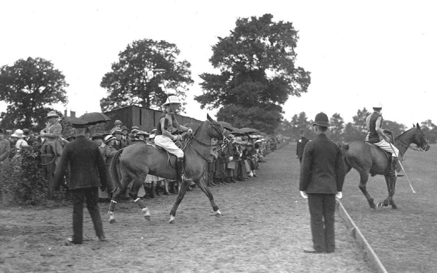 Prince of Wales playing polo at Spring Hill ground, Barby Road, Rugby.   Players on horseback, spectators and policemen.  August 6th 1921 |  IMAGE LOCATION: (Warwickshire County Record Office)