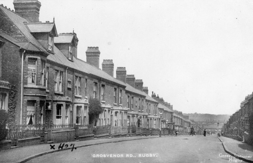 View of Grosvenor Road, Rugby showing a row of terraced houses on the left.  c.1910 |  IMAGE LOCATION: (Warwickshire County Record Office) IMAGE DATE: (c.1910)