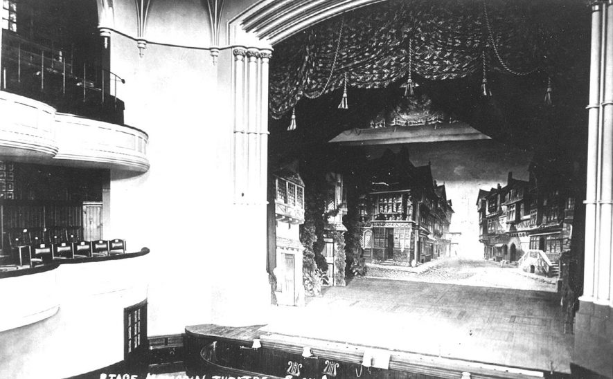 View of the stage at the Memorial Theatre, Stratford upon Avon. 1900s. |  IMAGE LOCATION: (Warwickshire County Record Office)