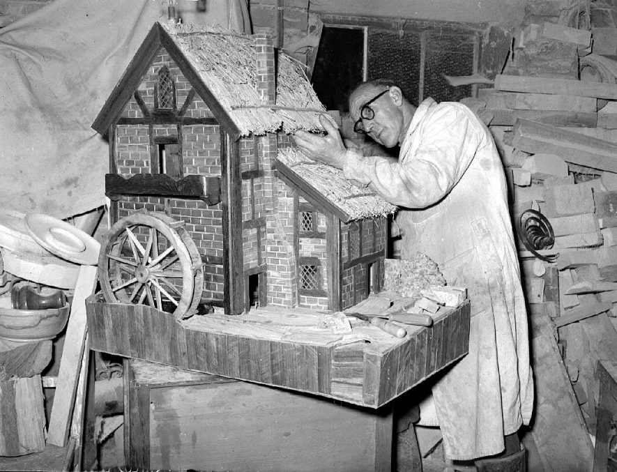 Watermill model being built by Mr C Gardner of  Stockton.  19 August 1957 |  IMAGE LOCATION: (Warwickshire County Record Office) PEOPLE IN PHOTO: Gardner, C, Gardner as a surname