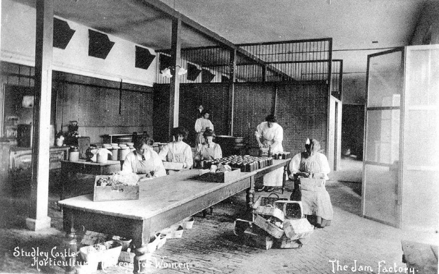 Studley Castle Horticultural College for women. Students working in jam factory.  Interior view.  1910s |  IMAGE LOCATION: (Warwickshire County Record Office)