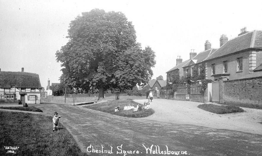 Group of young children on the green in Chestnut Square.  Wellesbourne.  1920s |  IMAGE LOCATION: (Warwickshire County Record Office)