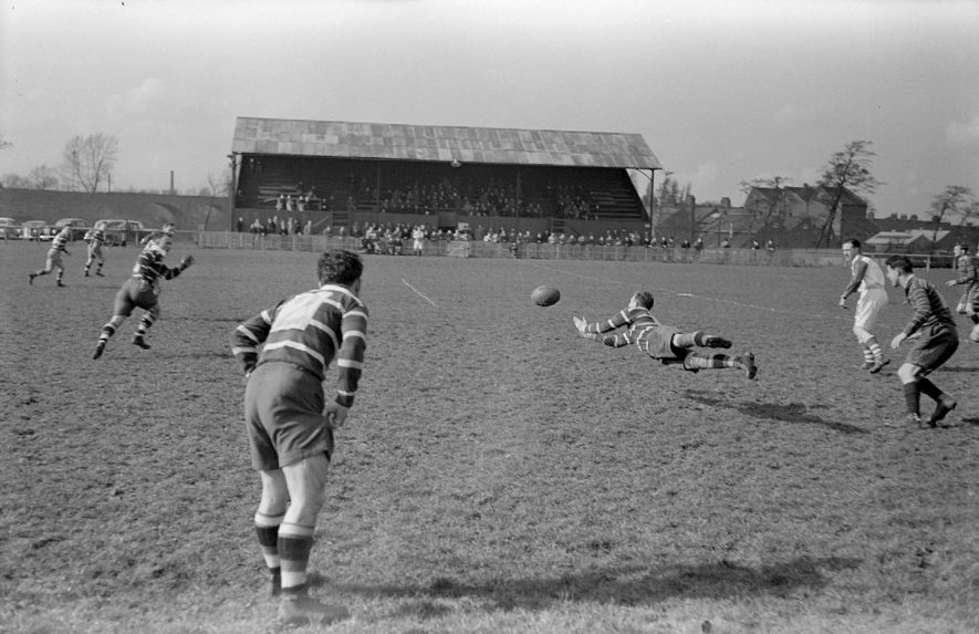 Rugby match, showing scrum-half Wheeler in action at the New Inn Ground, Attleborough Road, Nuneaton.  1951 |  IMAGE LOCATION: (Warwickshire County Record Office) PEOPLE IN PHOTO: Wheeler, O G, Wheeler as a surname
