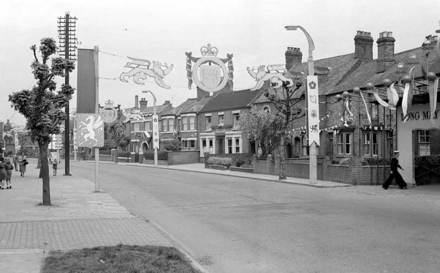 Coronation decorations in Coton Road, Nuneaton.  1953 |  IMAGE LOCATION: (Warwickshire County Record Office)