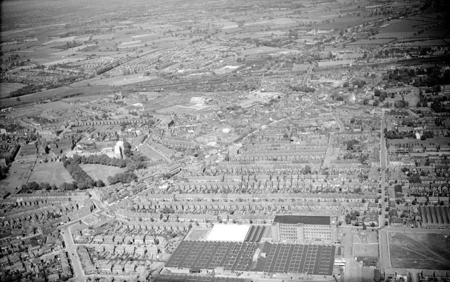 Aerial view of the Courtauld factory in Marlborough Road.  Princes Avenue is on the right.  1957 |  IMAGE LOCATION: (Warwickshire County Record Office)