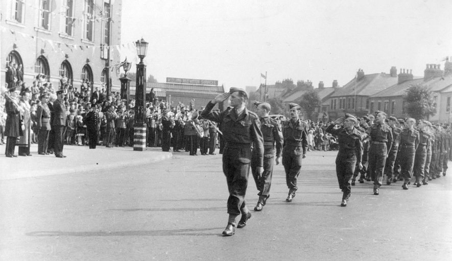 Nuneaton.  V.J. day parade 19 August 1945.  Salute taken by Group Captain Rainsford D.F.C.  1945 |  IMAGE LOCATION: (Nuneaton Library)