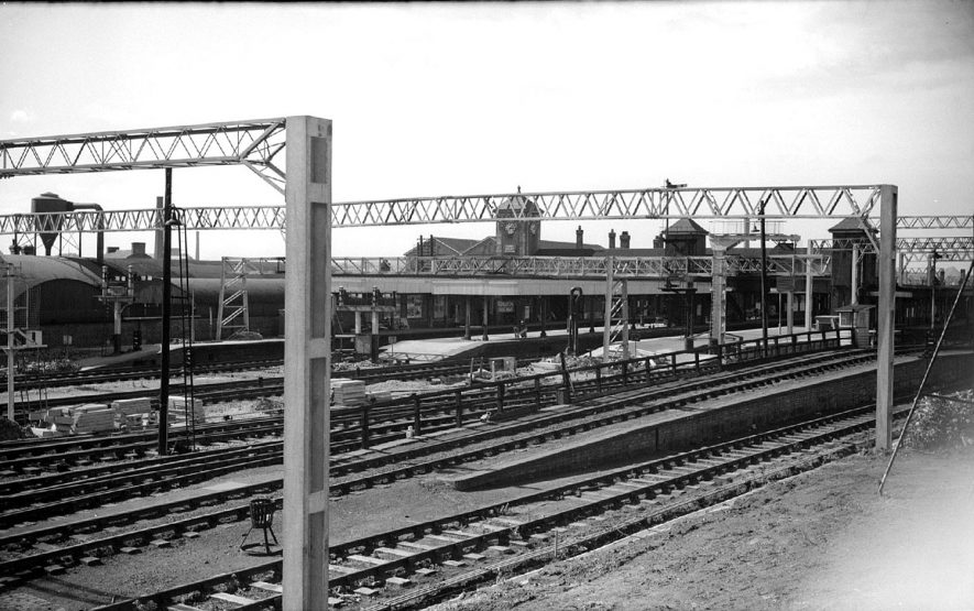 Overhead gantries in position in readiness for the electrification of the line.  1962 |  IMAGE LOCATION: (Warwickshire County Record Office)