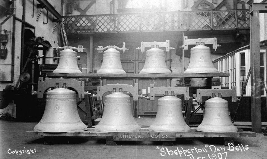 Eight church bells which had been re-cast from three for Chilvers Coton church in 1908. These are known as the 