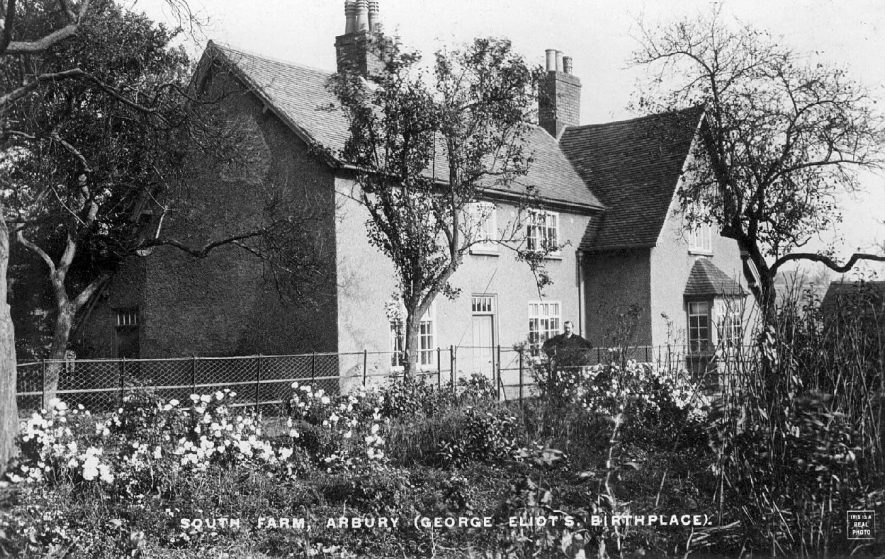 South Farm, Arbury Estate, Arbury. Birthplace of George Eliot (Mary Ann Evans). Farmer standing outside.  1900s |  IMAGE LOCATION: (Warwickshire County Record Office)