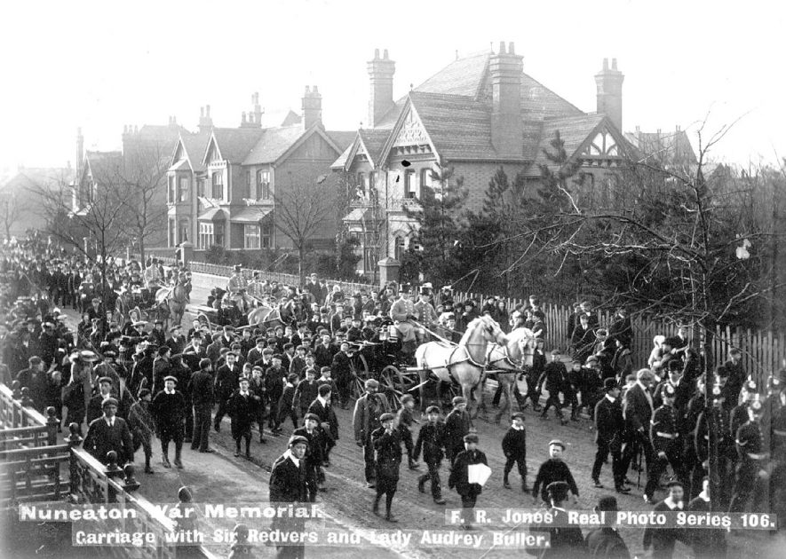 Arrival of Gen. Sir Redvers and Lady Audrey Buller for the unveiling of the Boer War Memorial, Nuneaton.  1903 |  IMAGE LOCATION: (Warwickshire County Record Office) PEOPLE IN PHOTO: Buller, General