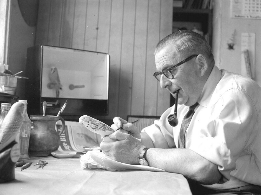 Mr Forbes of Smith Street, Warwick,  making models of budgerigars.  1959 |  IMAGE LOCATION: (Warwickshire County Record Office) PEOPLE IN PHOTO: Forbes, Mr, Forbes as a surname