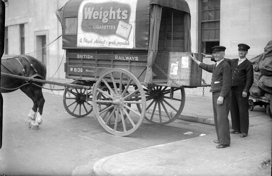 The last horse-drawn cart for goods delivery at the G.W.R. station, Leamington Spa.  25th August 1949 |  IMAGE LOCATION: (Warwickshire County Record Office)