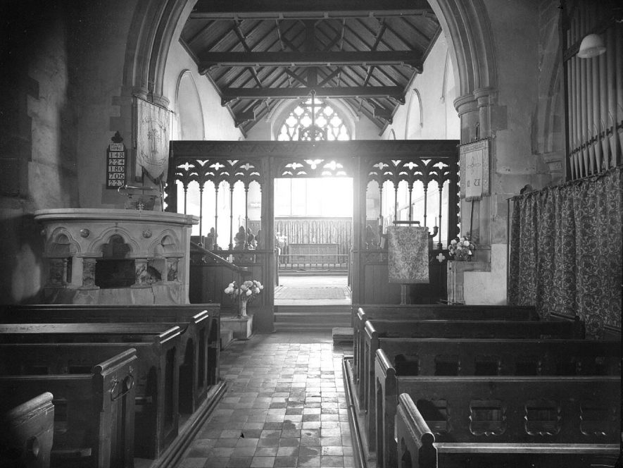 Long Itchington Parish Church interior, looking up nave toward chancel.  1957
29th  November  1957. |  IMAGE LOCATION: (Warwickshire County Record Office)