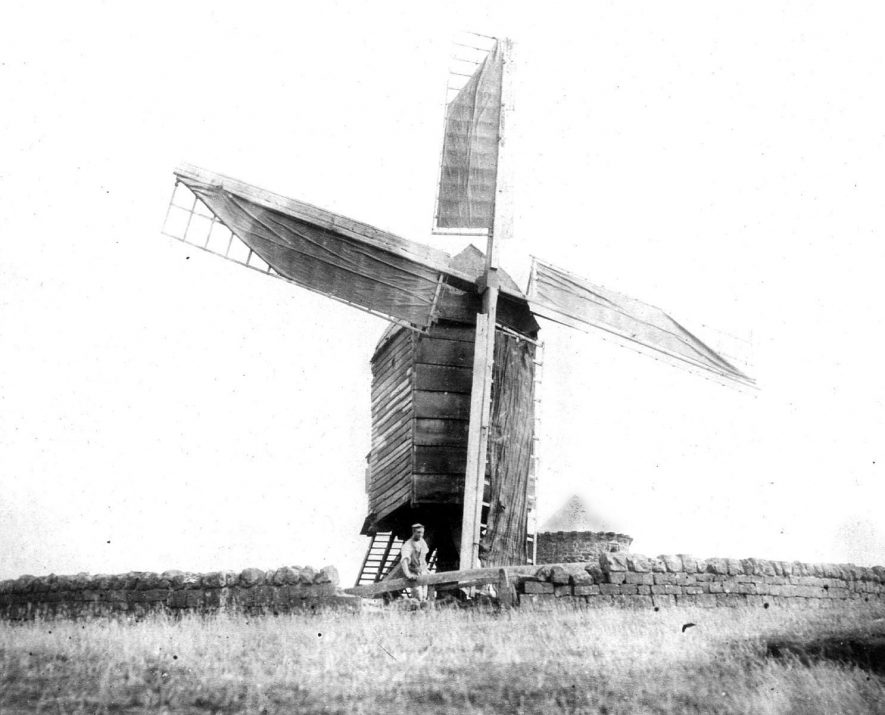 Windmill at Burton Dassett, showing the canvas sails.  1890s

Mill built here 1664, possibly this one. Ceased work c.1912. Restored by Society for the Protection of Ancient Buildings (S.P.A.B.) with public support 1933-34. Blown down in storm 26th July 1946. 

Open trestle, 4 common sails, ladder, tailpole and doorway with hooded porch. |  IMAGE LOCATION: (Warwickshire County Record Office)