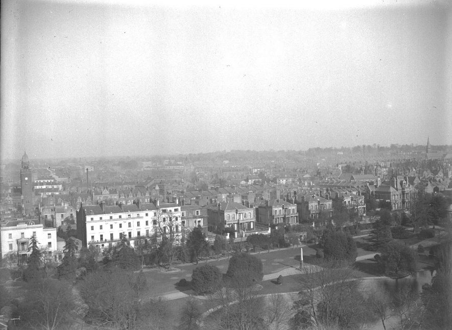 View of Leamington Spa from All Saint's Church tower including Newbold Terrace and Jephson Gardens.  March 1st 1932. |  IMAGE LOCATION: (Warwickshire County Record Office)
