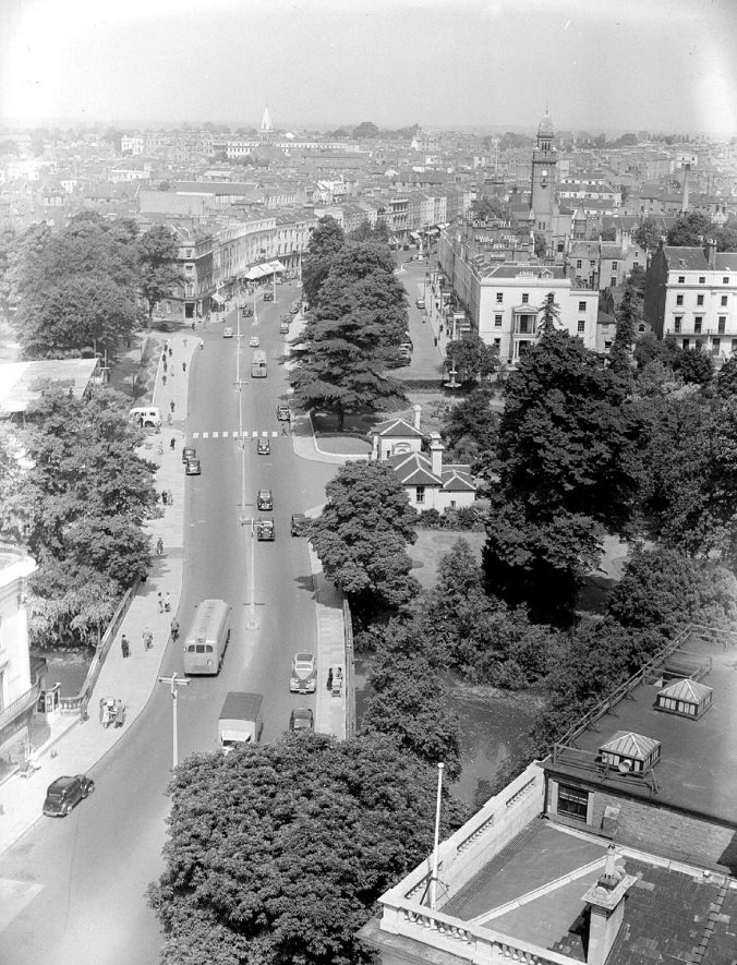 View of Leamington Spa from All Saint's Church tower with The Parade, Town Hall, Euston Place and the bridge over the River Leam.  May 1952 |  IMAGE LOCATION: (Warwickshire County Record Office) SCAN DATE: (1991)